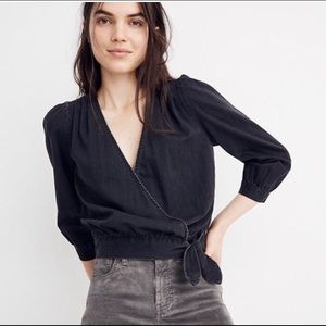 Madewell black denim wrap blouse